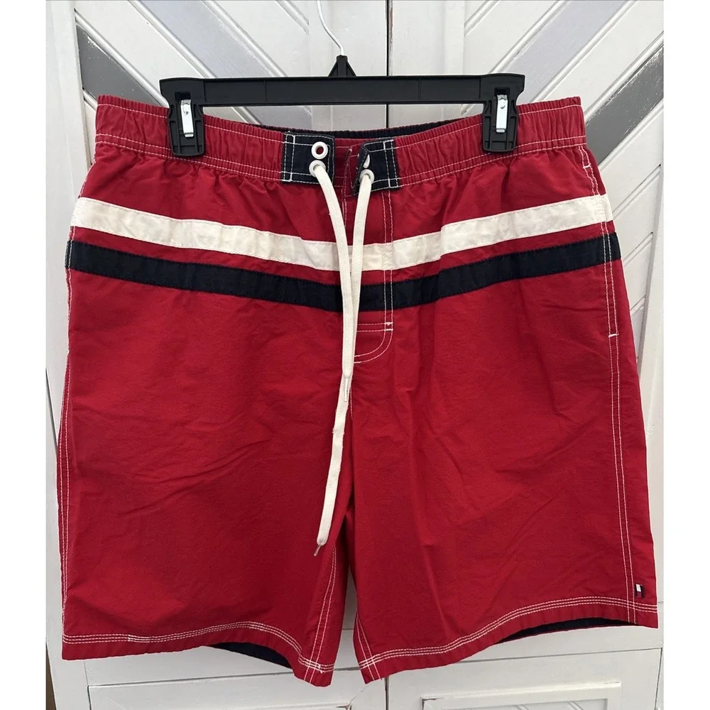 Tommy Hilfiger Men's Large Red‎ White Blue Stripe Board Short Swim Trunks